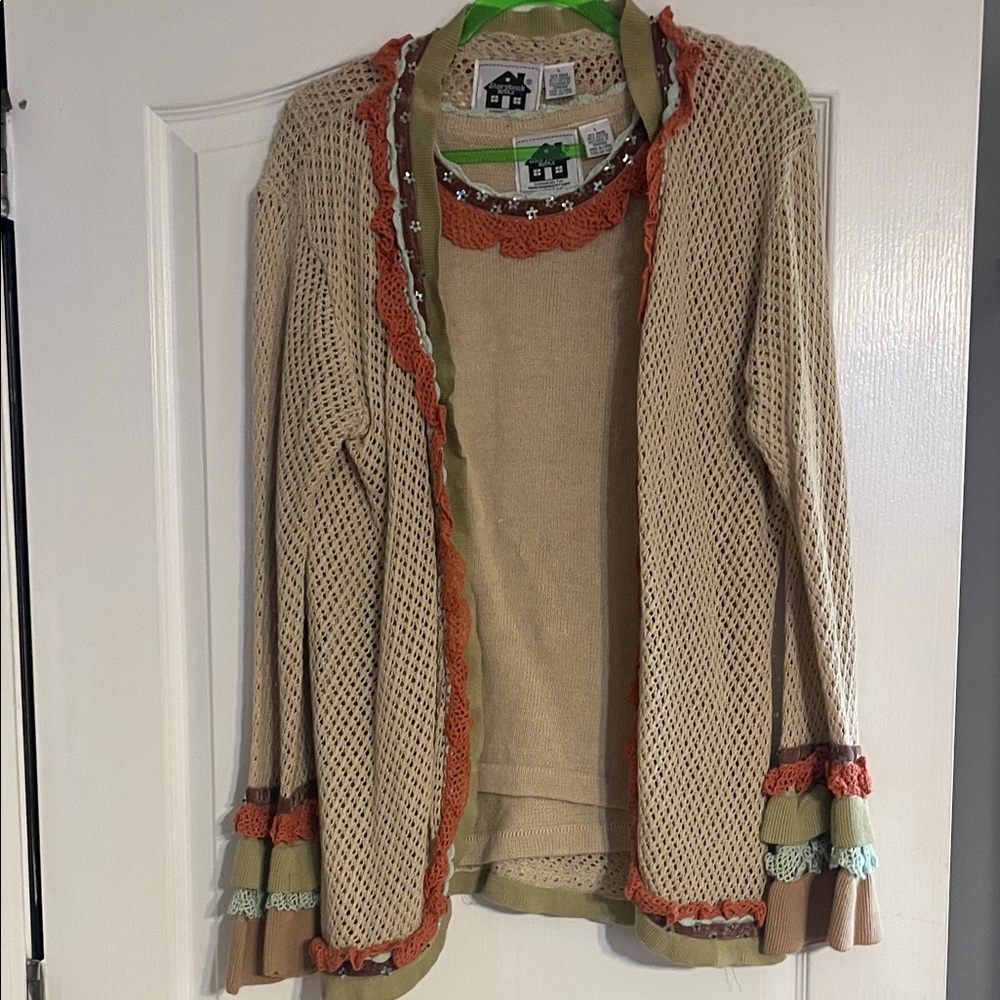 Women's Beige and Orange Open Knit Sweater